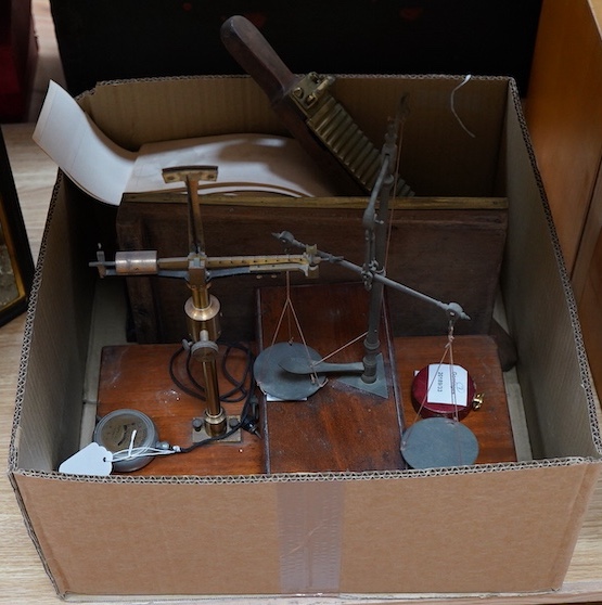 Seven scientific instruments, comprising; a Bimetallic Thermograph Mk III, by Hezzanith; a Victorian mahogany and brass pill roller, reversible, with 24 or 30 grooves; a set of late 19th brass beam scales, the mahogany b